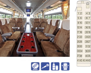 大型バス　中2階サロンタイプ（新型　三菱エアロクイーン）　■座席図／定員51名（正45名+補6名）　道路公団区分　特大車